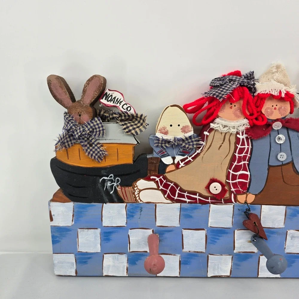 Vintage Folk Art Wooden Wall Peg Rack Noahs Ark Angel Raggedy Ann Humpty Dumpty